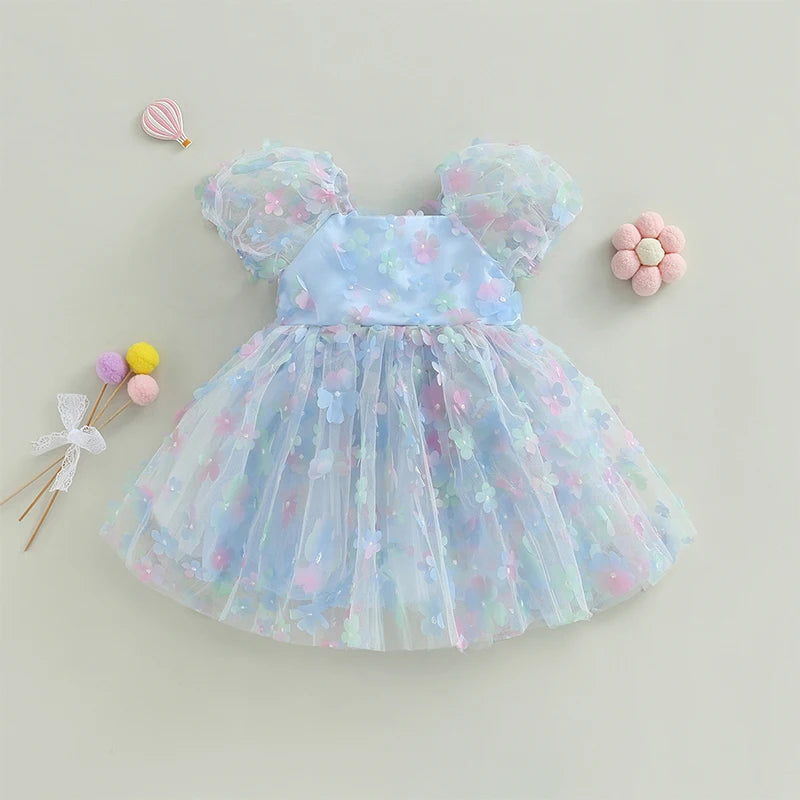 Kidsclick Baby Girl Princess A-Line Dress – Puff Sleeve Tulle Layered Dress with 3D Flower & Butterfly for Party & Birthday