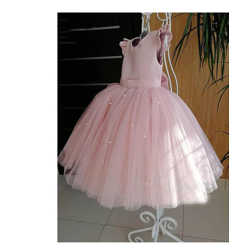 Flower Girl Dresses Birthday Tulle Dress Backless Bow Wedding Gown Kids Party Wear Princess Pink Baby Bowknot Toddler