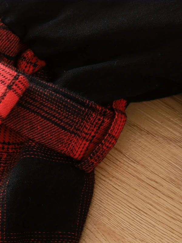 "Kids' Retro Plaid Dress | Black & Red Color Block with Big Bow Waist - Asymmetrical Hem Long-Sleeve Princess Dress"