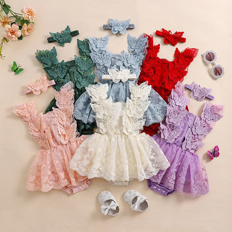 Infant Baby Girls Princess Rompers Dress Lace Butterfly Fly Sleeve Mesh Skirt Hem Jumpsuits with Headband Birthday Party Outfit
