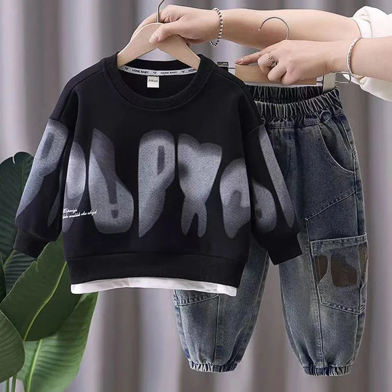 Kidsclick Boys’ Letter Print Sweatshirt & Pants Set – Spring/Autumn 2-Piece Casual Outfit (Ages 1-8 Years)