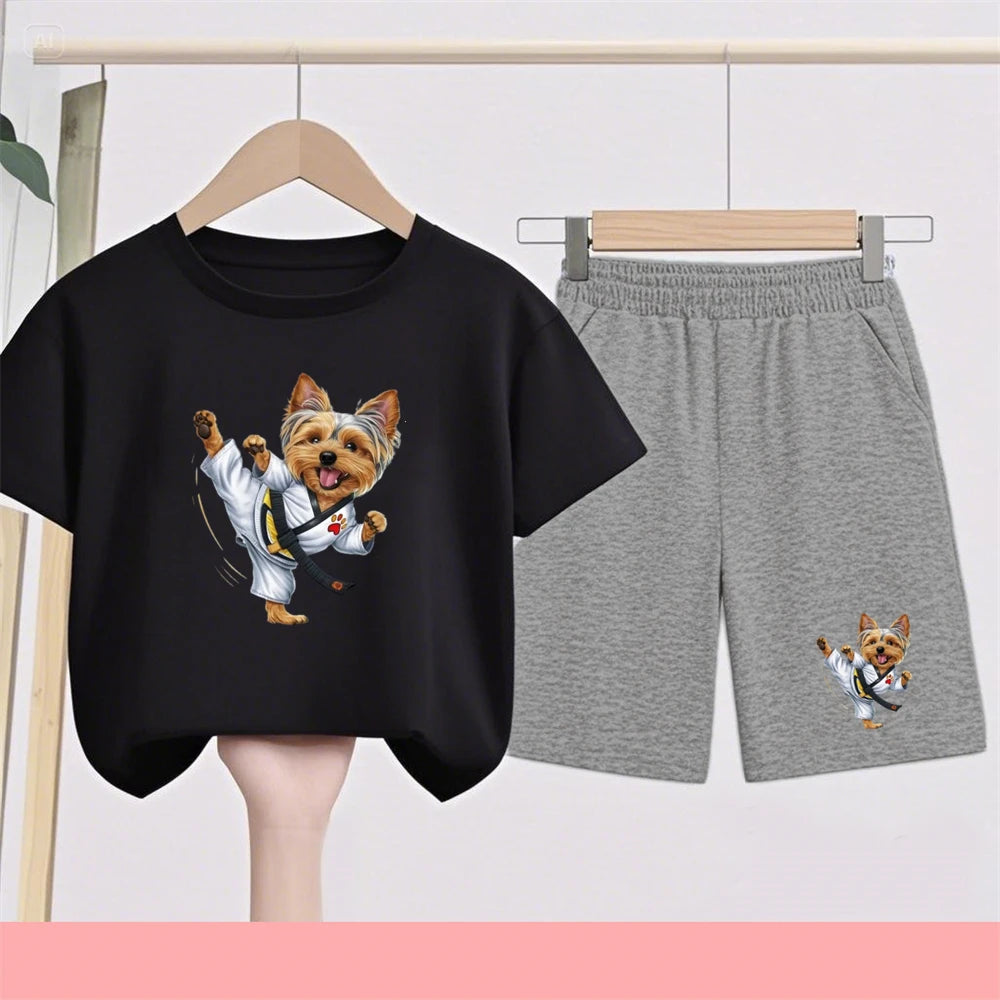 Kidsclick Kids’ Yorkie Dog Cartoon T-Shirt & Shorts Set – Summer 2-Piece Casual Outfit (Boys & Girls)