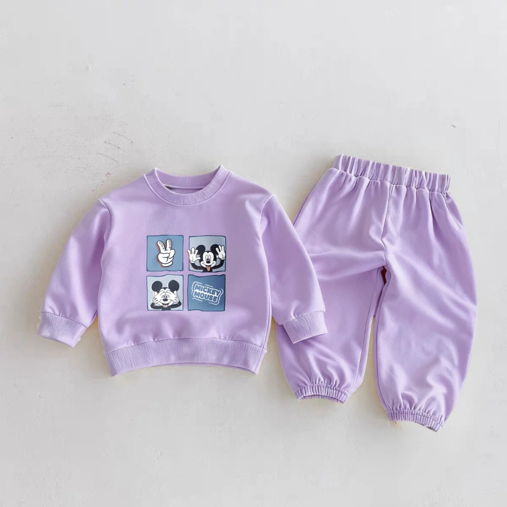 6m-6y Children's Clothes Spring New Mickey Sweatshirts Outfits Cartoon Fashion Solid Color Long Sleeve Tops + Pants 2piece/set