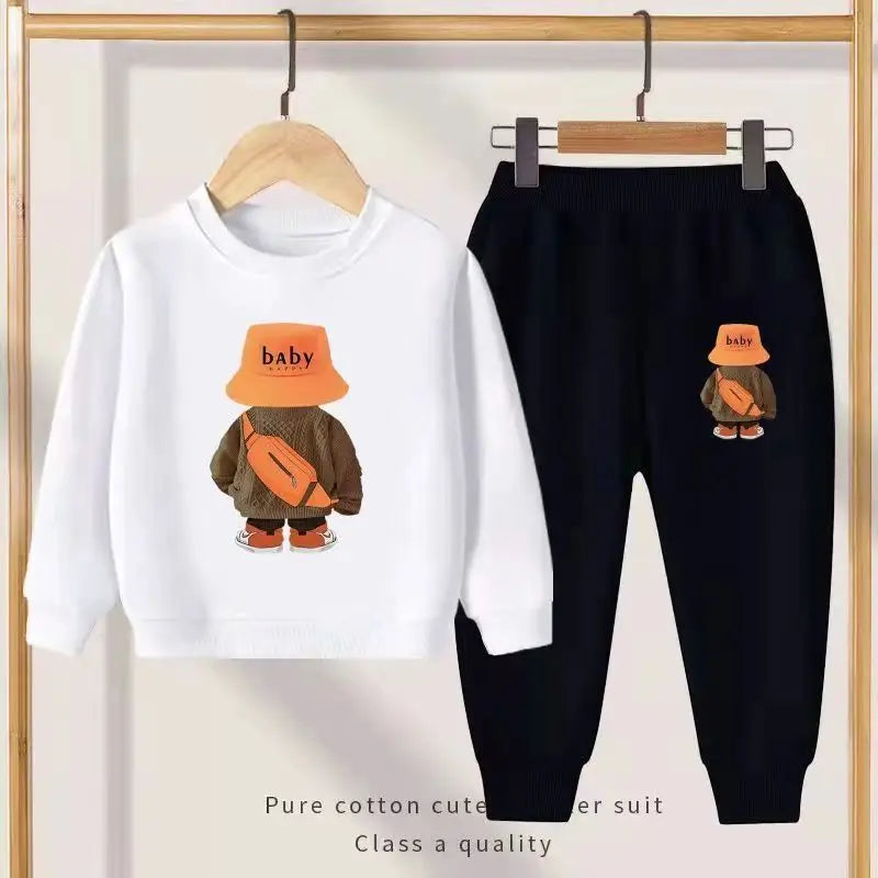 Autumn Kid Girls Clothes Set Children Boy Lapel Cartoon Bear Printed Sweatshirts Pullover Top And Pants Bottom Suit Tracksuits
