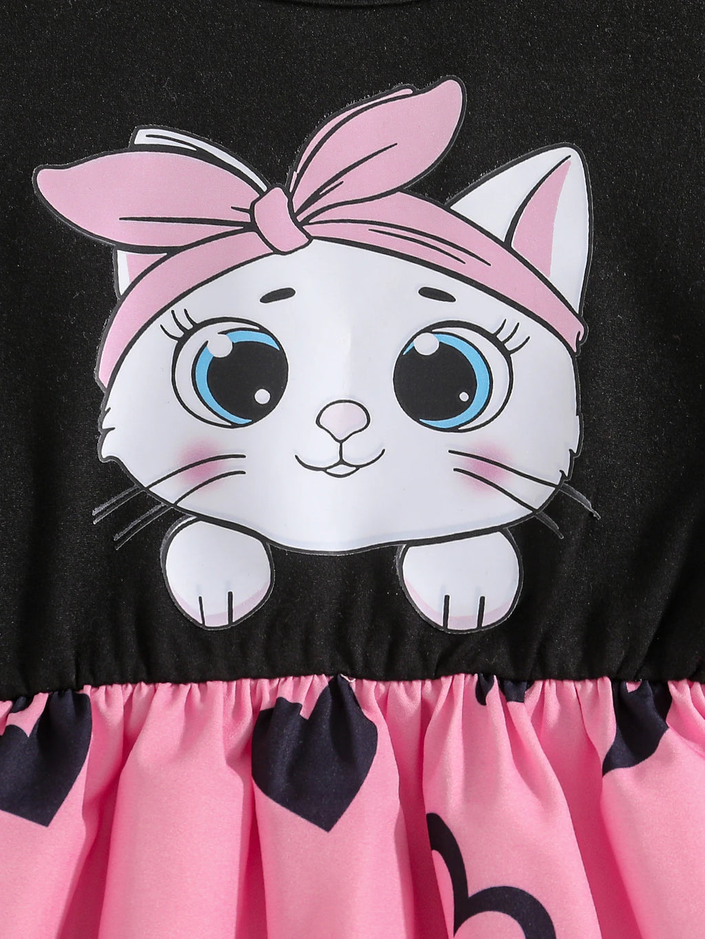 Girls' Fashionable Summer Dress, Little Girl's Cat Print Flutter Sleeve Short-Sleeve Patchwork Heart All-Over Print Mid-Length Waist-Cinching Dress, Comfortable and Elegant Youth Clothing for Girls, Outdoor Stylish and Unique