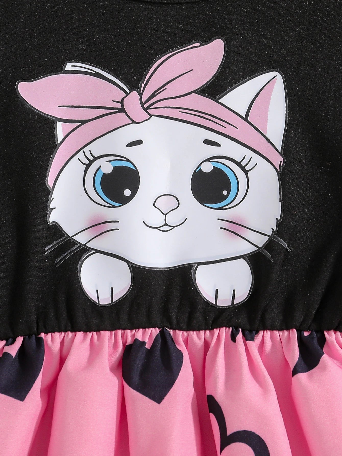 Girls' Fashionable Summer Dress, Little Girl's Cat Print Flutter Sleeve Short-Sleeve Patchwork Heart All-Over Print Mid-Length Waist-Cinching Dress, Comfortable and Elegant Youth Clothing for Girls, Outdoor Stylish and Unique