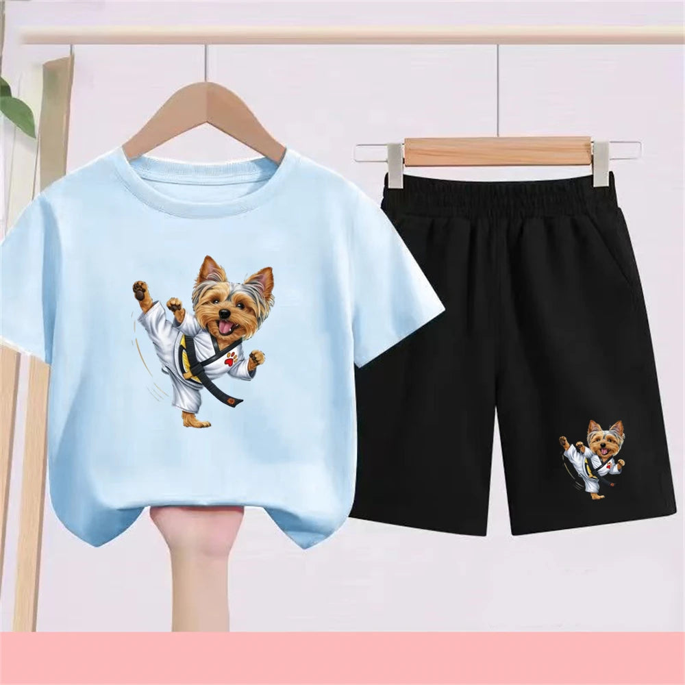 Kidsclick Kids’ Yorkie Dog Cartoon T-Shirt & Shorts Set – Summer 2-Piece Casual Outfit (Boys & Girls)