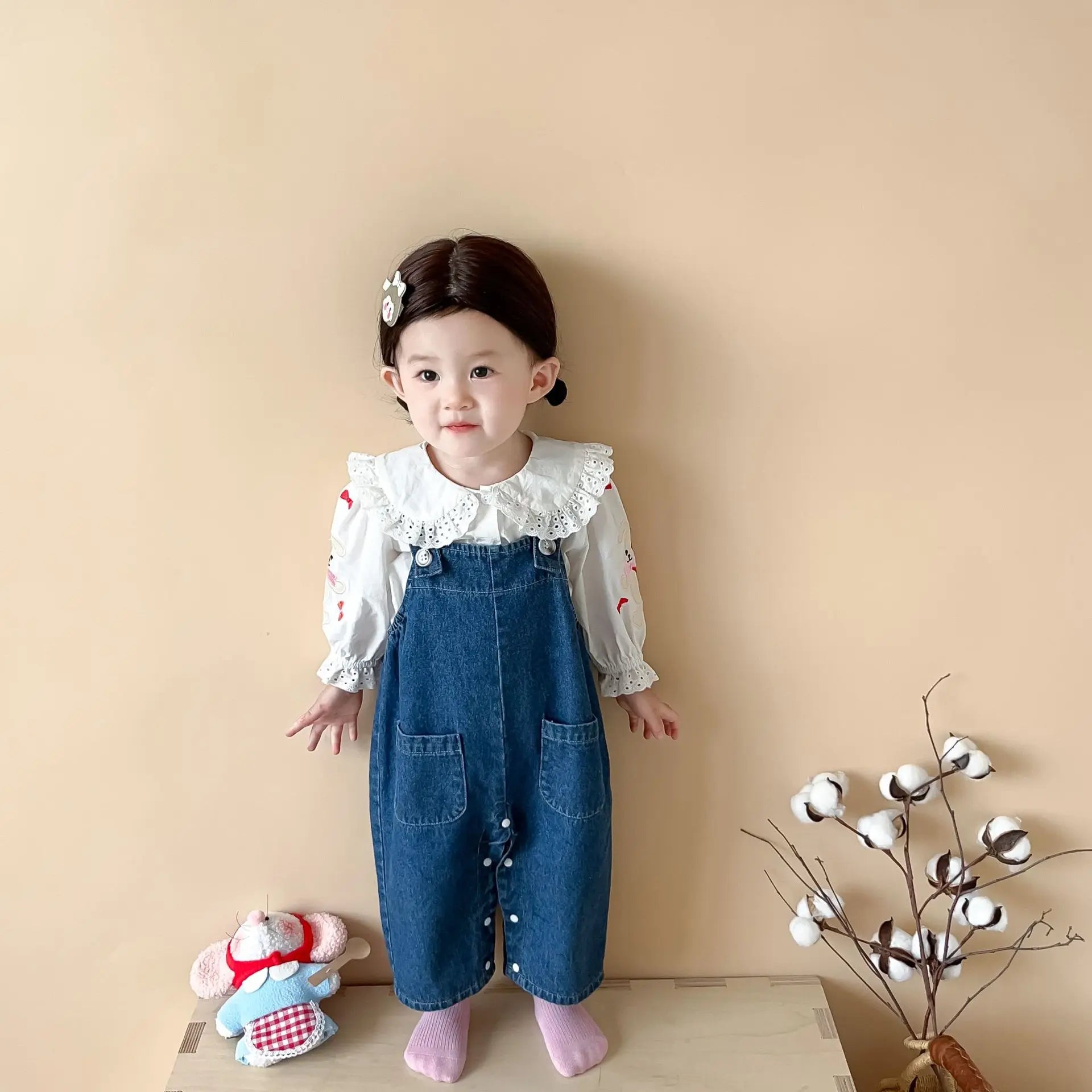 2025 Autumn New Baby Girl Sleeveless Denim Jumpsuit Toddler Girl Cute Rabbit Ear Overalls Infant Romper Kids Clothes 0-24M