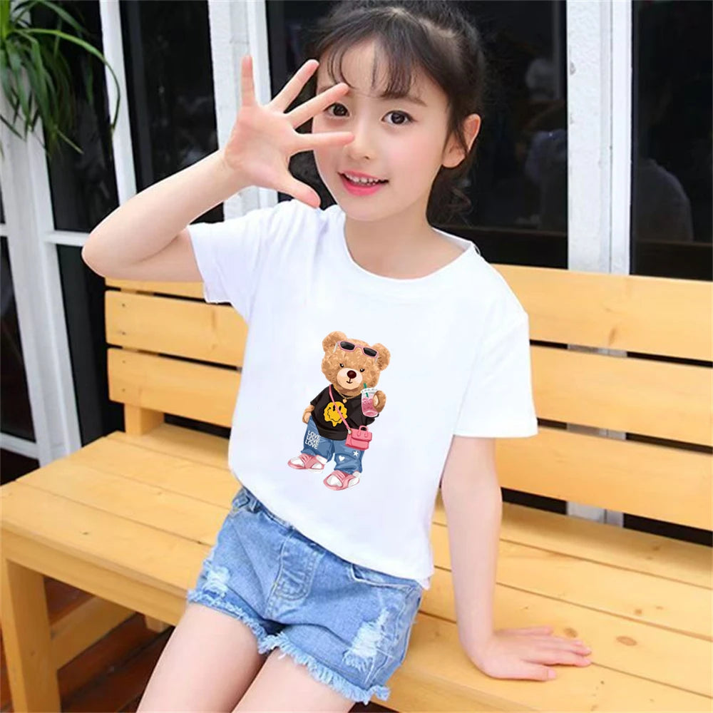 Little bear Print yellow Summer Short Sleeve Children Age 3-12 Girls boy Set white black Tshirt+Shorts 2pcs leisure Kids Set