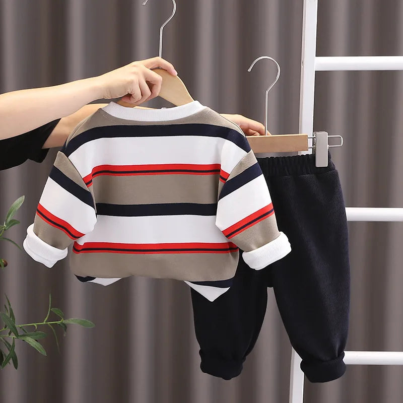 Kidsclick Toddler Boys’ 12-18 Months Christmas Two-Piece Outfit – Striped Long Sleeve Shirt & Pants Set