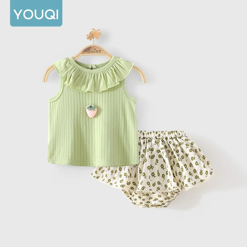 【Youqi】Chinese 0-2 Year Old Baby Girl Outfit Short-Sleeve Shorts Set New Style Baby Top Two-Piece Set Children's Fashionable Outfit