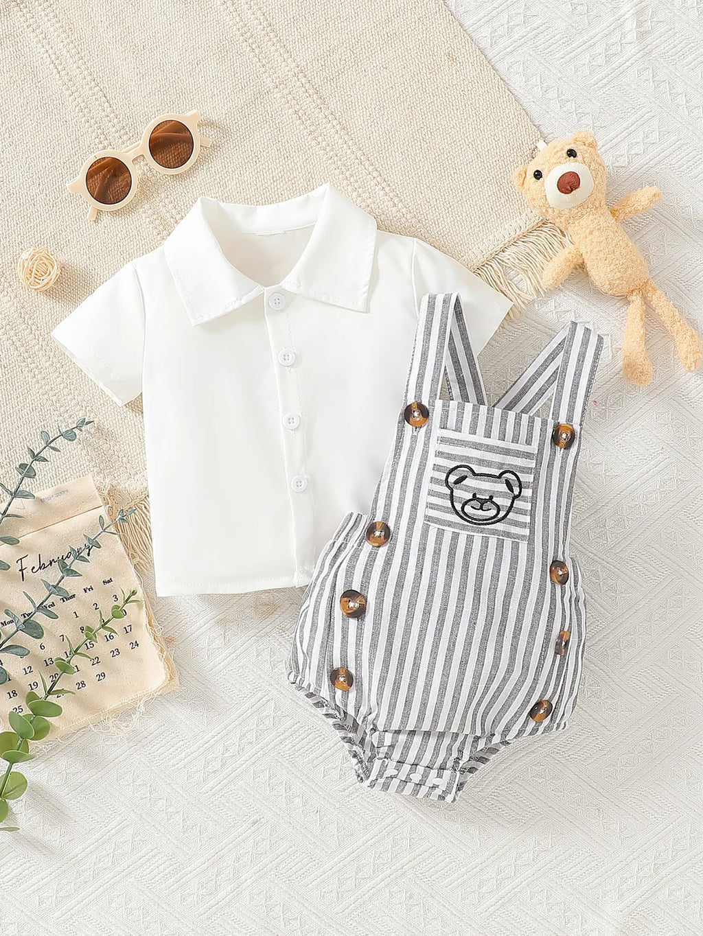Infant Summer Thin Pack Diaper Coveralls Set for Baby Boys and Girls with Short Sleeve T-Shirt and Overalls Two-Piece Set