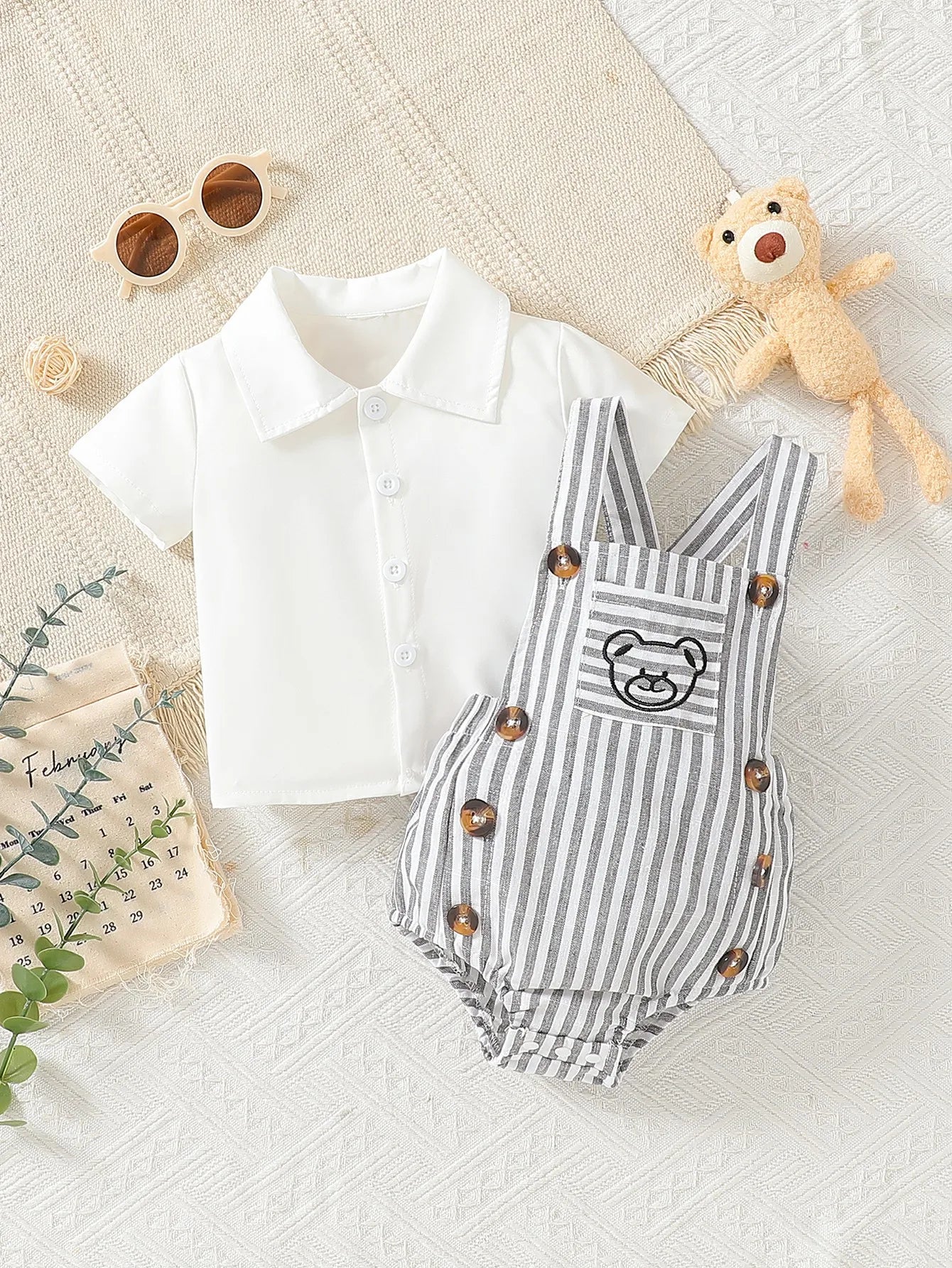 Infant Summer Thin Pack Diaper Coveralls Set for Baby Boys and Girls with Short Sleeve T-Shirt and Overalls Two-Piece Set