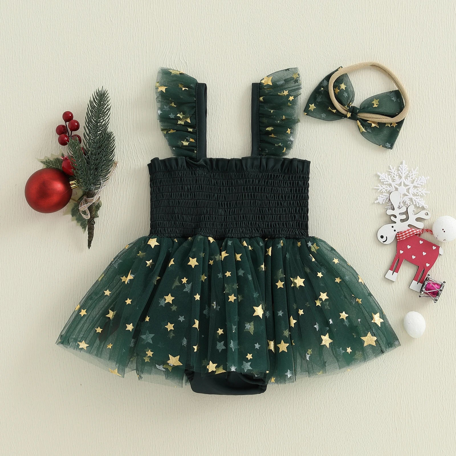 Kidsclick Baby Girls Christmas Romper Dress – Star Print Tulle Sleeveless Baby Outfit with Headband