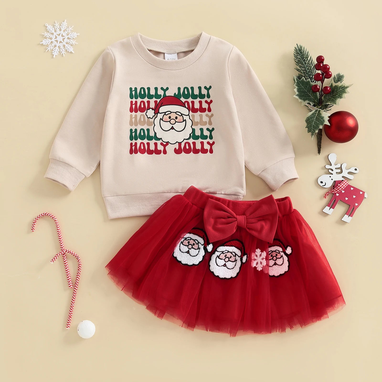 Kidsclick Girls Christmas 2-Piece Outfit – Santa Claus Print Long Sleeve Top & Tulle Skirt Set