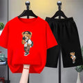 Little bear Print yellow Summer Short Sleeve Children Age 3-12 Girls boy Set white black Tshirt+Shorts 2pcs leisure Kids Set