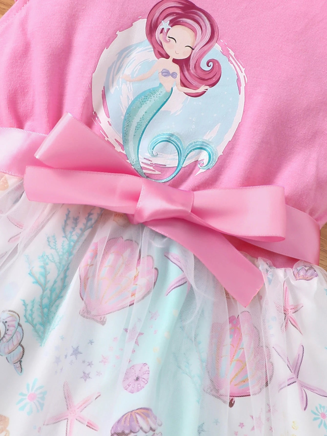 Kidsclick Girls Knitted Round Neck Mermaid Dress – Cartoon Mesh Summer Dress