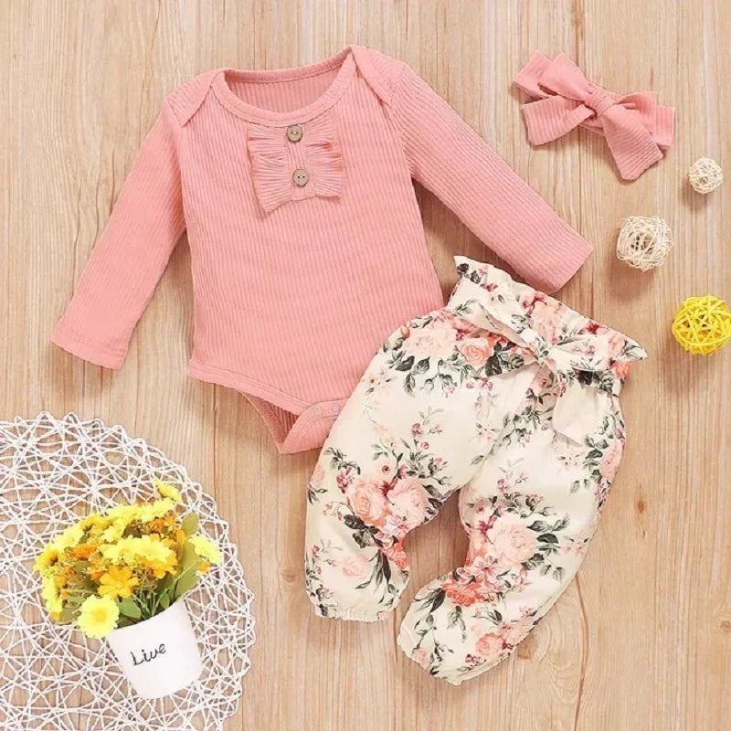 Toddler Newborn Baby Girl Clothes Set Long Sleeve Knitting Top Bodysuit Printed Love Heart Pants Headband Outfit