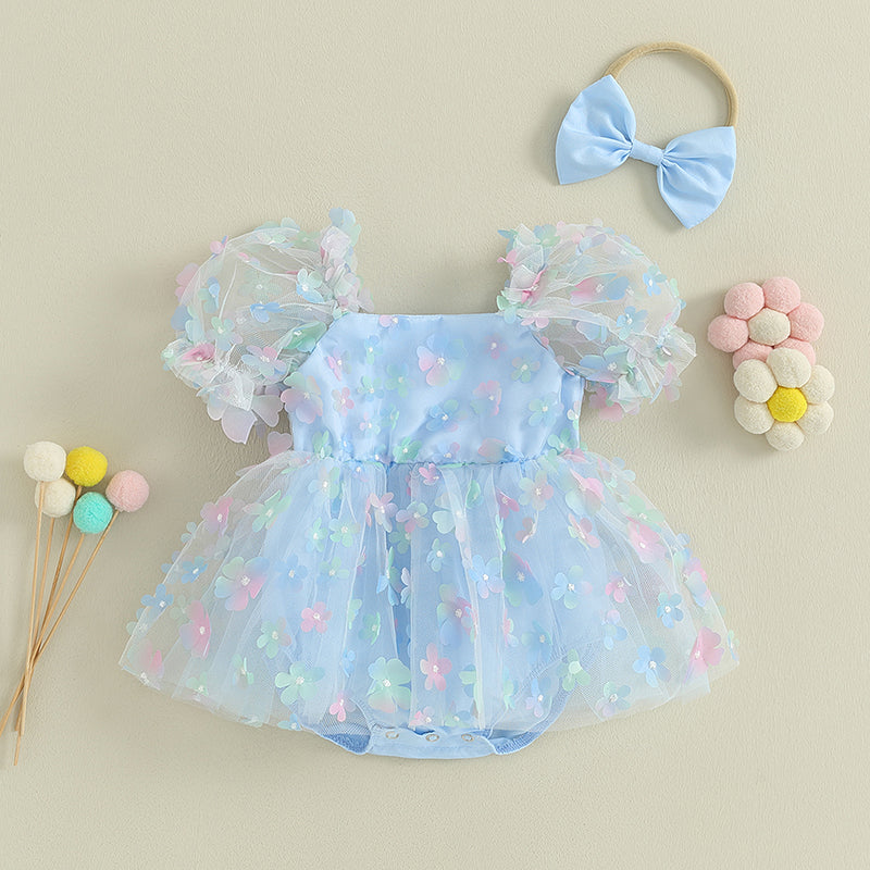 Kidsclick Baby Girls 2-Piece Summer Romper & Tulle Dress Set – Puff Sleeve 3D Flower Bodysuit with Bow Headband