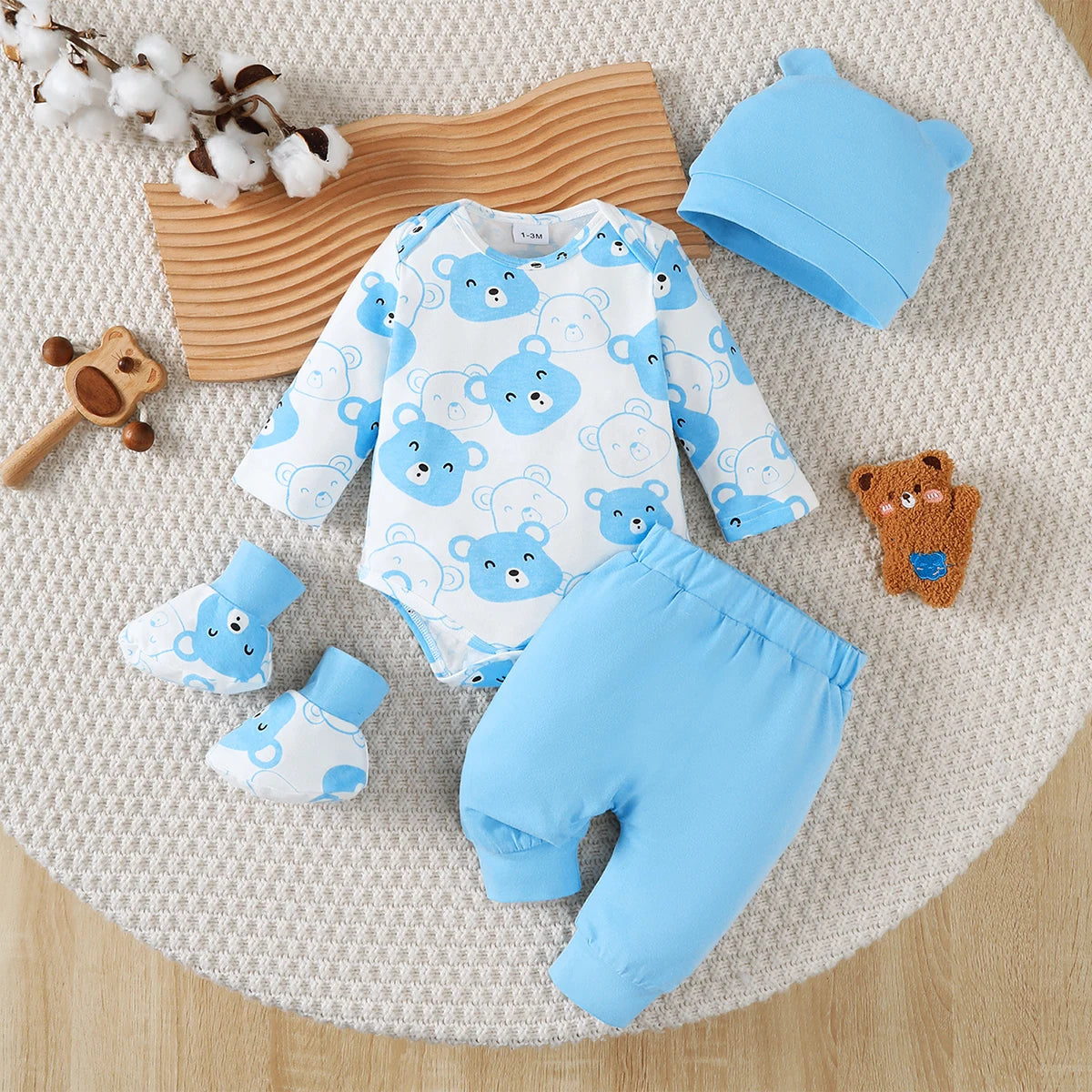 0-9 Months Baby Boy Set Little Bear Long Sleeve Bodysuit+Pants+Hat+Socks 4pcs/Set Baby Spring Autumn clothing Newborn