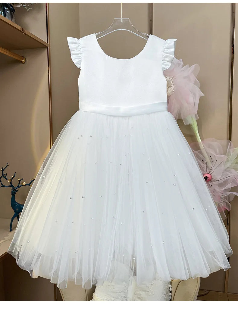 Flower Girl Dresses Birthday Tulle Dress Backless Bow Wedding Gown Kids Party Wear Princess Pink Baby Bowknot Toddler