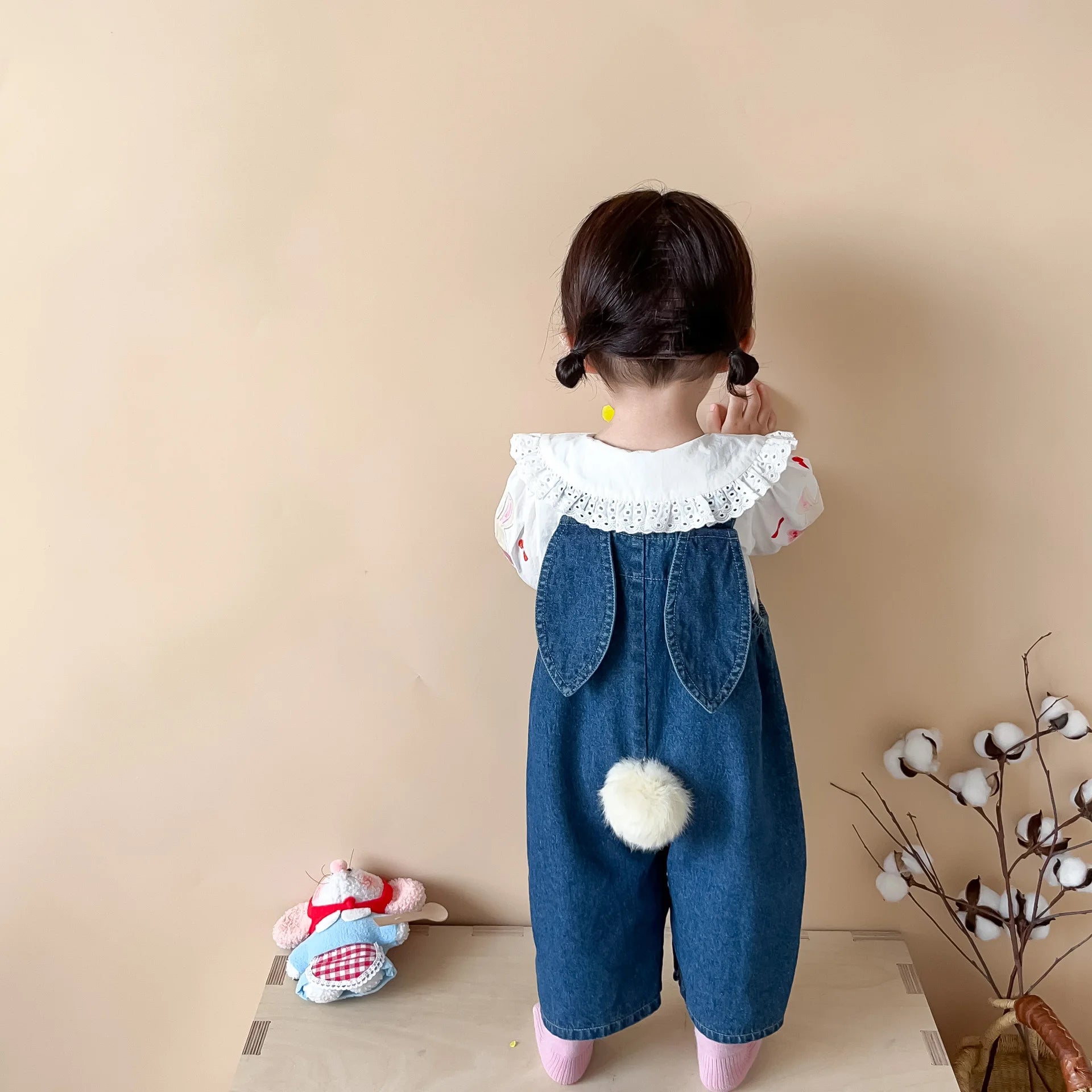 2025 Autumn New Baby Girl Sleeveless Denim Jumpsuit Toddler Girl Cute Rabbit Ear Overalls Infant Romper Kids Clothes 0-24M