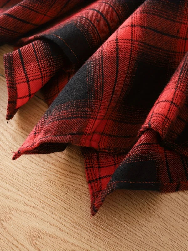 "Kids' Retro Plaid Dress | Black & Red Color Block with Big Bow Waist - Asymmetrical Hem Long-Sleeve Princess Dress"