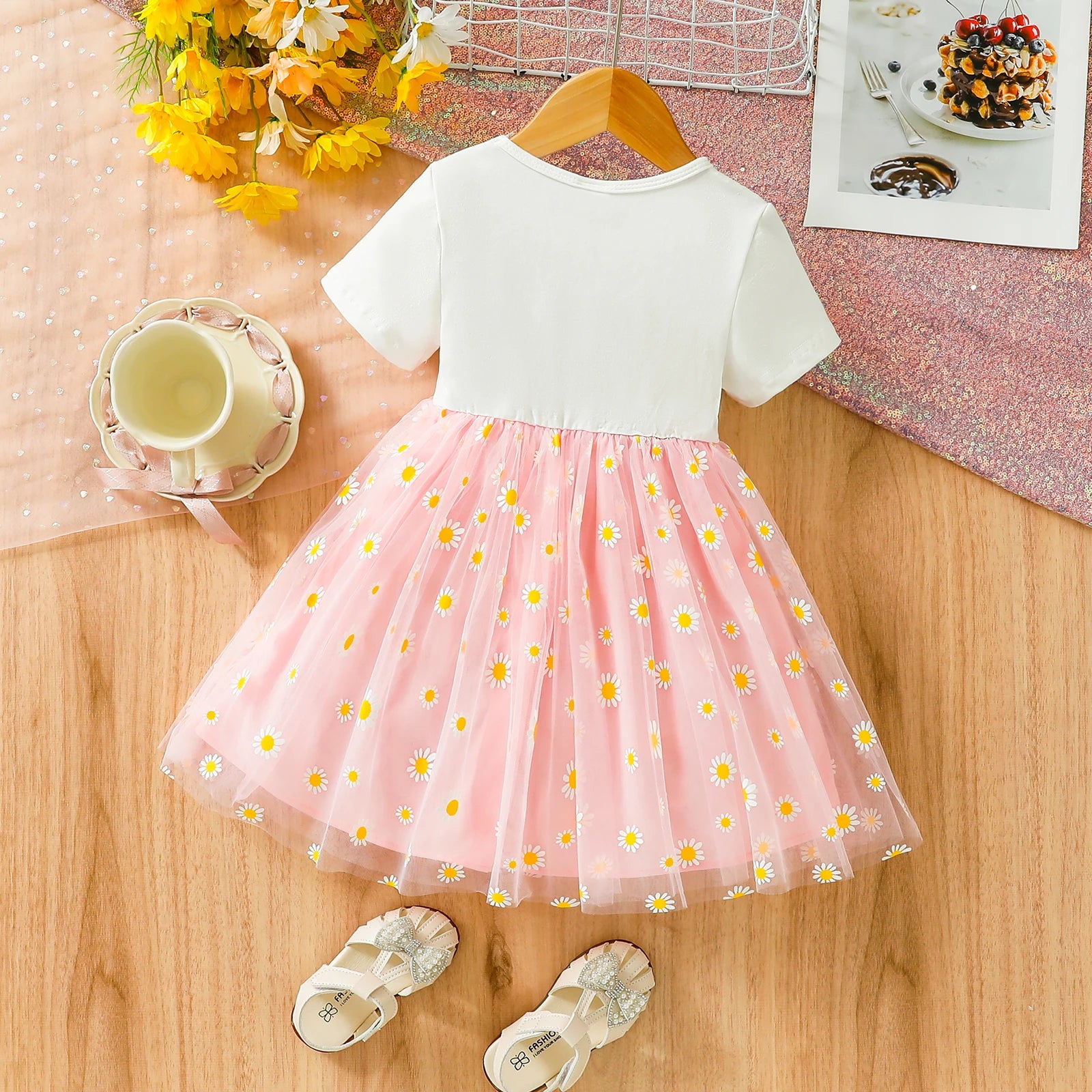 Kidsclick Girls Daisy Mesh Summer Dress – Sunflower Print Short Sleeve Kids Dress