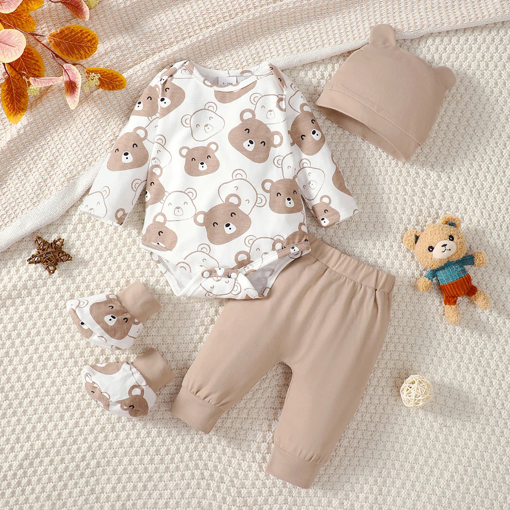 0-9 Months Baby Boy Set Little Bear Long Sleeve Bodysuit+Pants+Hat+Socks 4pcs/Set Baby Spring Autumn clothing Newborn