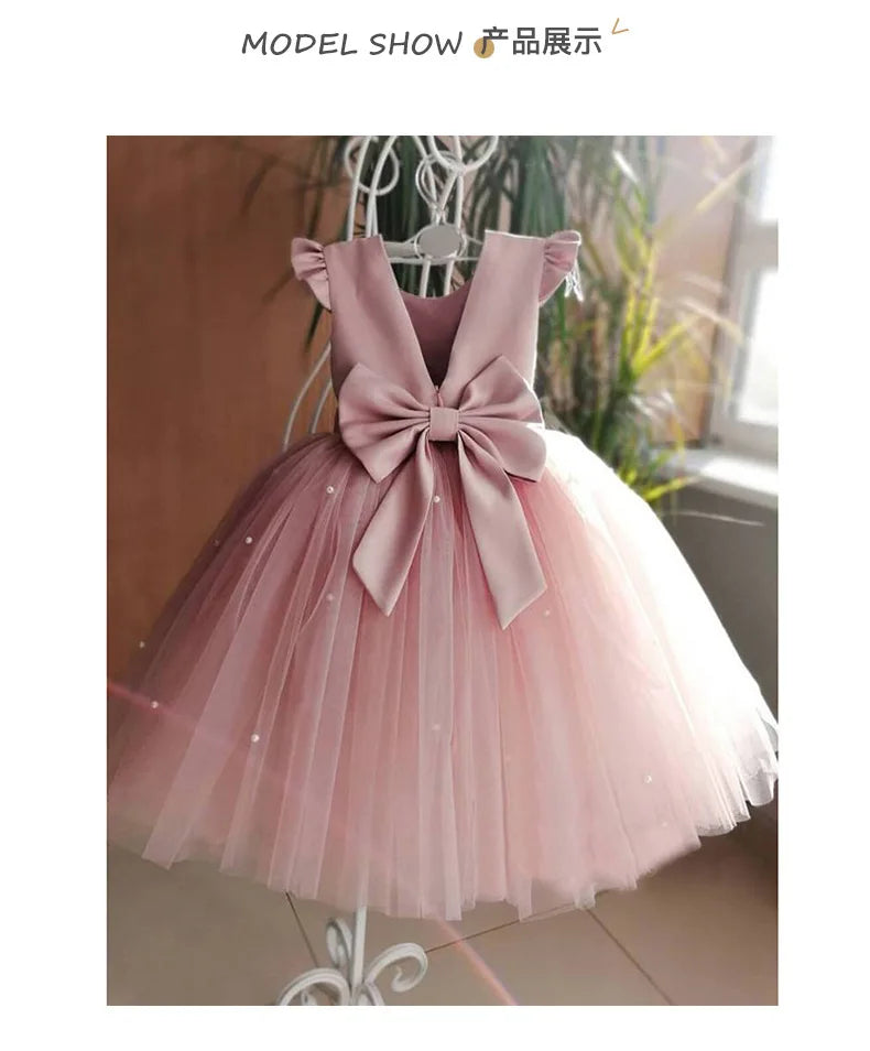 Flower Girl Dresses Birthday Tulle Dress Backless Bow Wedding Gown Kids Party Wear Princess Pink Baby Bowknot Toddler