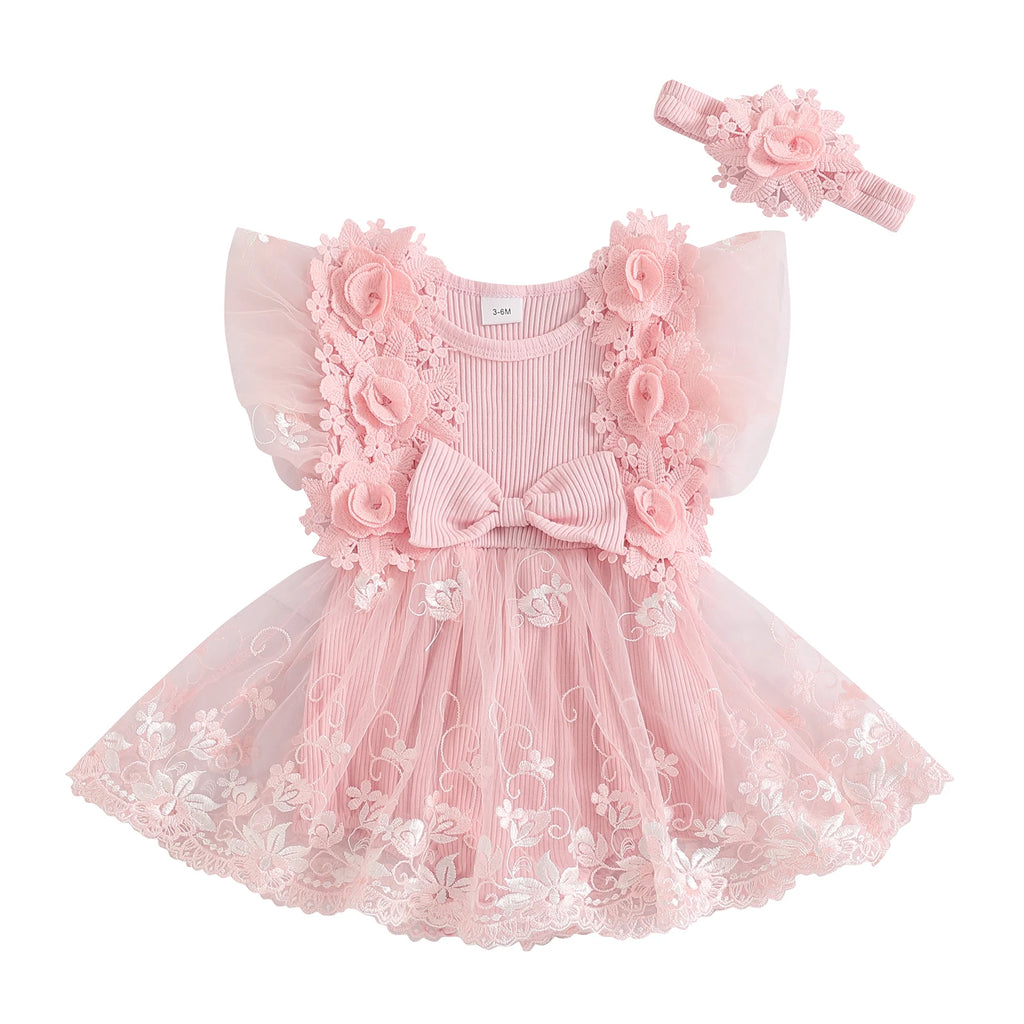 Kidsclick Baby Girl 3D Flower Embroidered Romper Dress with Headband