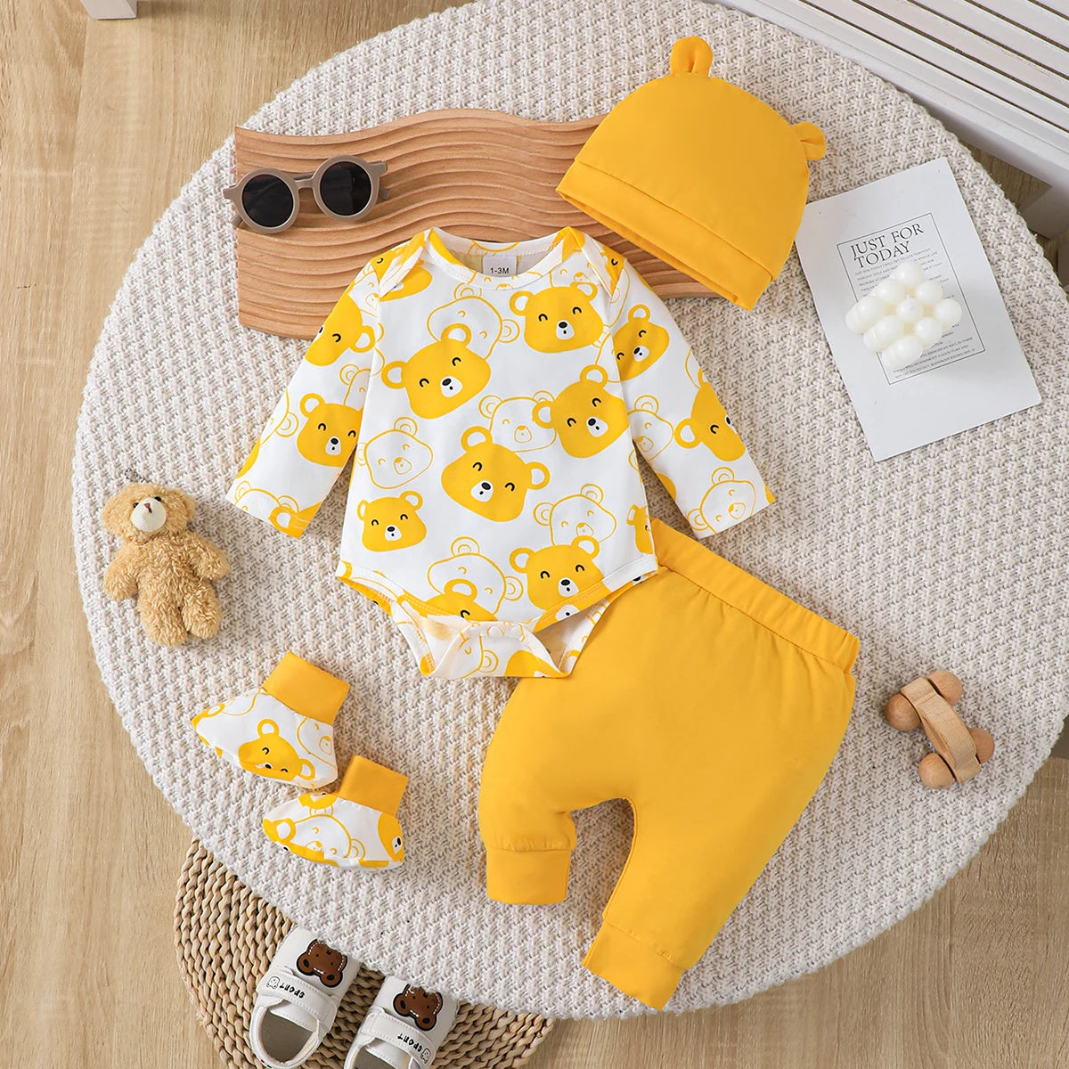 0-9 Months Baby Boy Set Little Bear Long Sleeve Bodysuit+Pants+Hat+Socks 4pcs/Set Baby Spring Autumn clothing Newborn