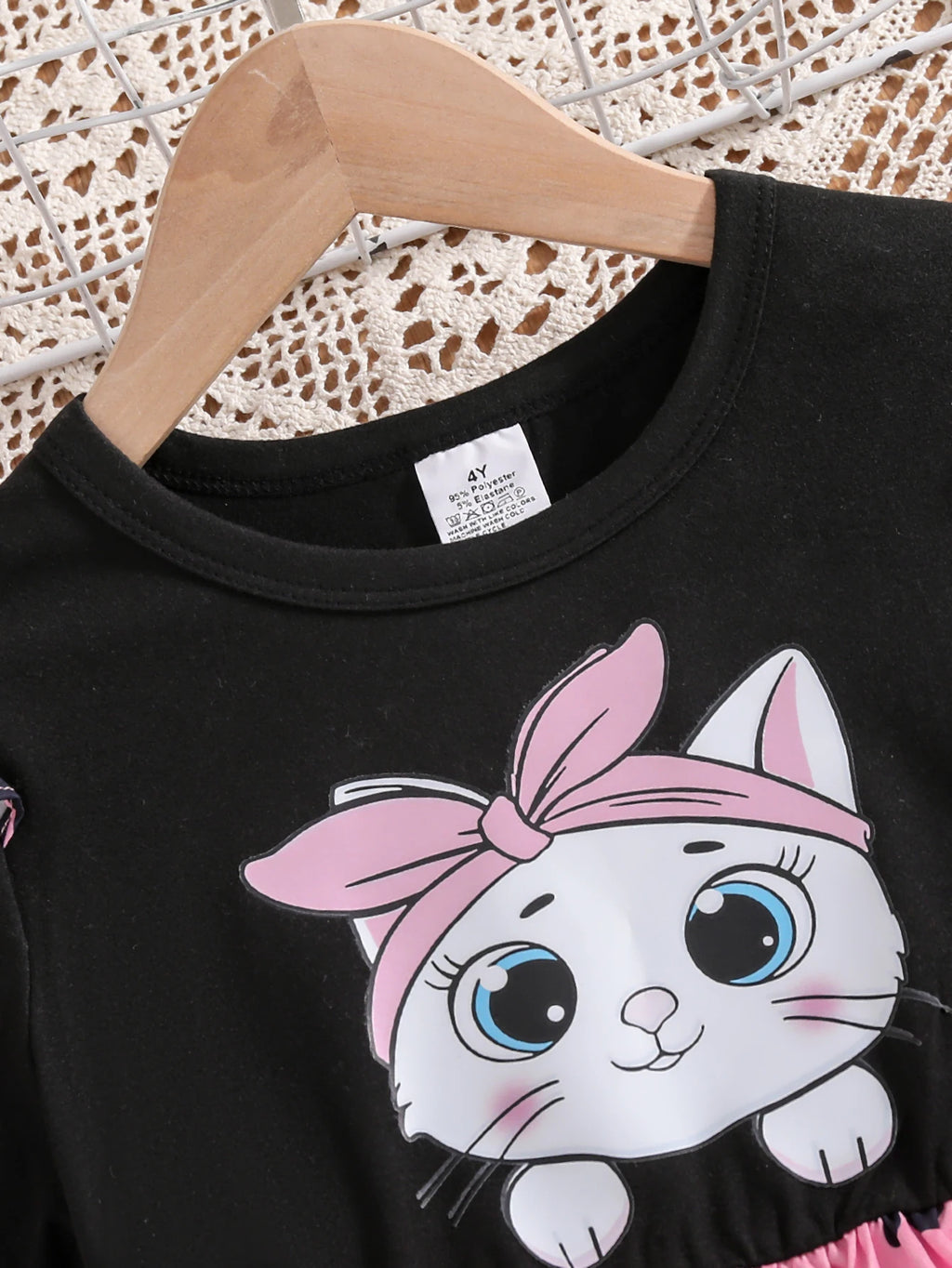 Girls' Fashionable Summer Dress, Little Girl's Cat Print Flutter Sleeve Short-Sleeve Patchwork Heart All-Over Print Mid-Length Waist-Cinching Dress, Comfortable and Elegant Youth Clothing for Girls, Outdoor Stylish and Unique