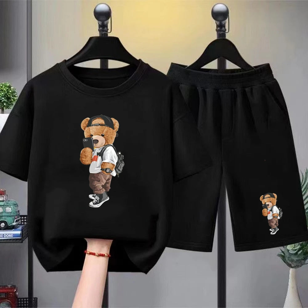 Little bear Print yellow Summer Short Sleeve Children Age 3-12 Girls boy Set white black Tshirt+Shorts 2pcs leisure Kids Set