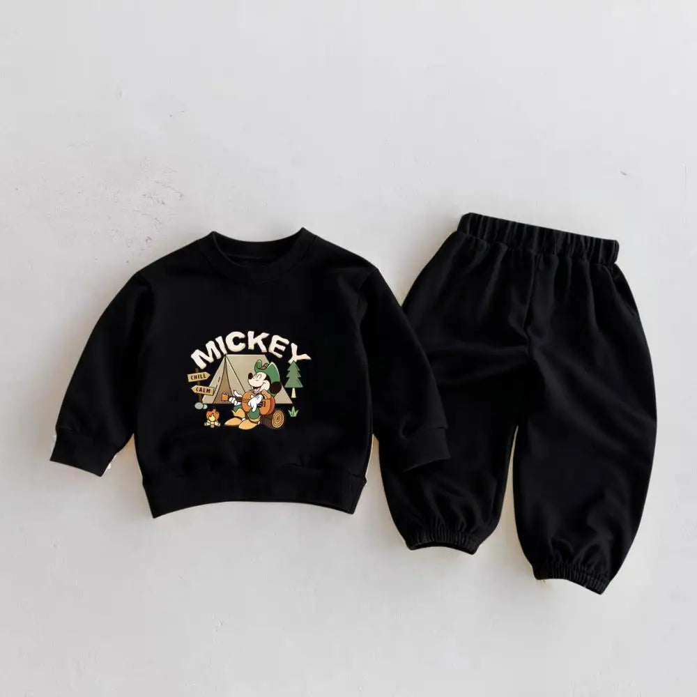6m-6y Children's Clothes Spring New Mickey Sweatshirts Outfits Cartoon Fashion Solid Color Long Sleeve Tops + Pants 2piece/set