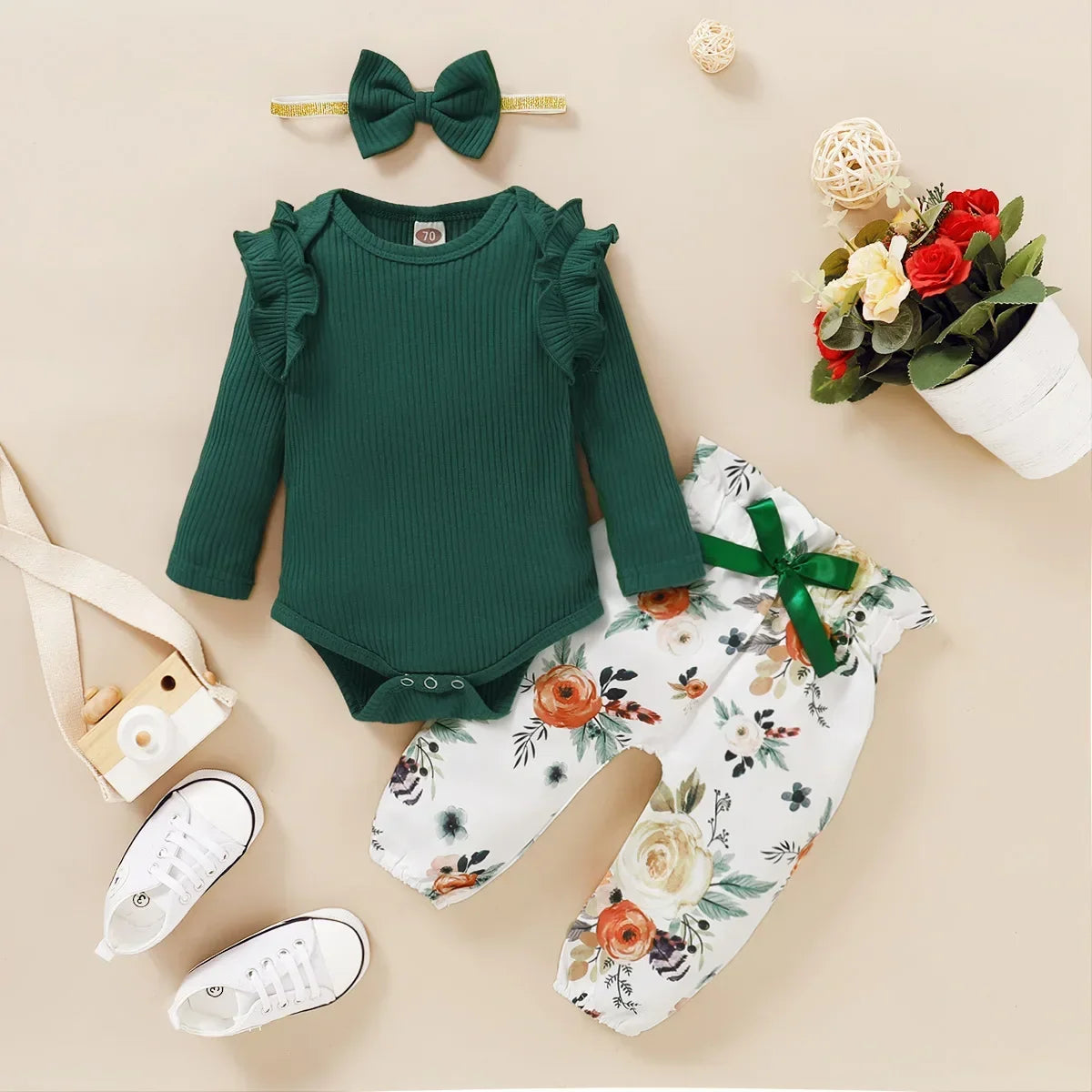 Toddler Newborn Baby Girl Clothes Set Long Sleeve Knitting Top Bodysuit Printed Love Heart Pants Headband Outfit