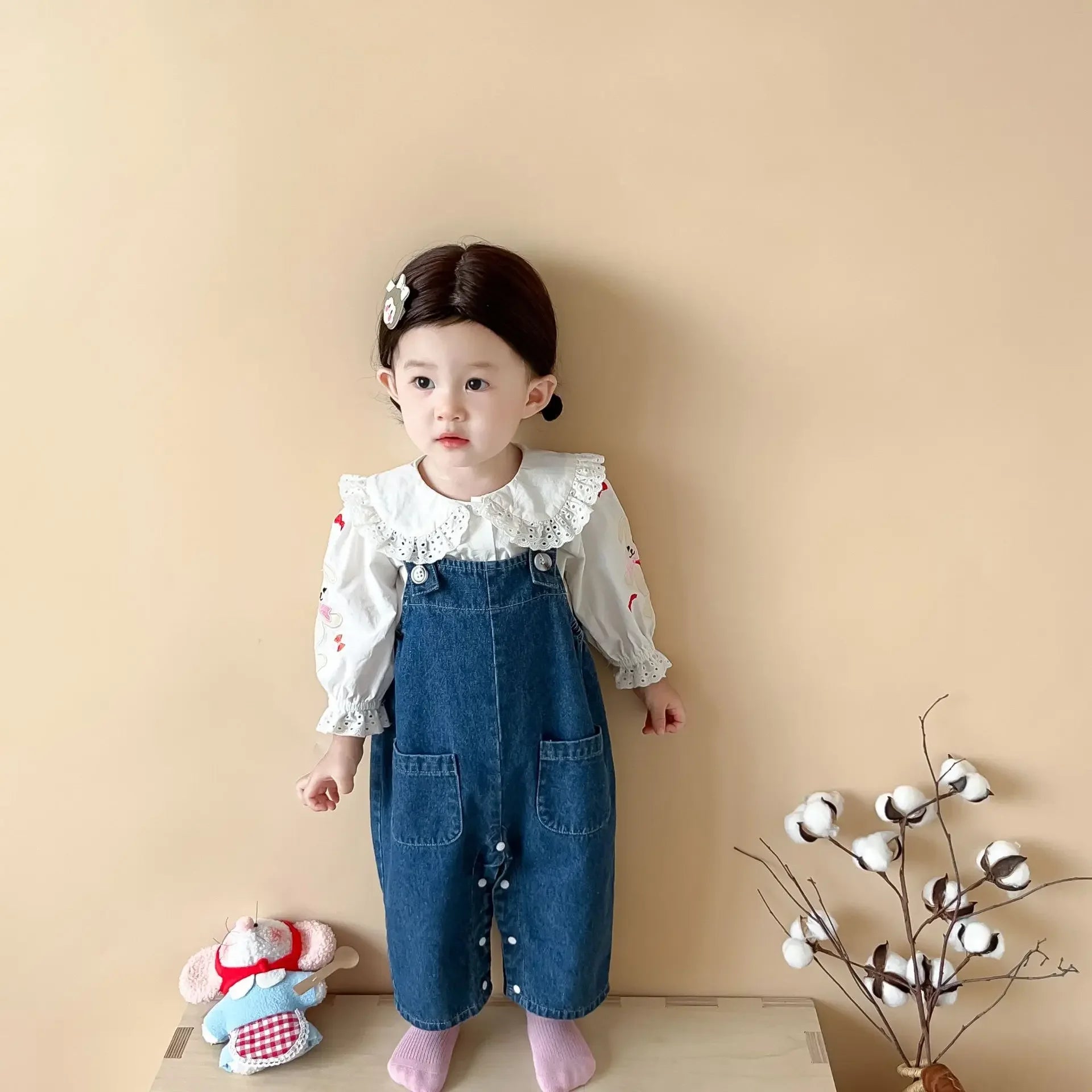2025 Autumn New Baby Girl Sleeveless Denim Jumpsuit Toddler Girl Cute Rabbit Ear Overalls Infant Romper Kids Clothes 0-24M