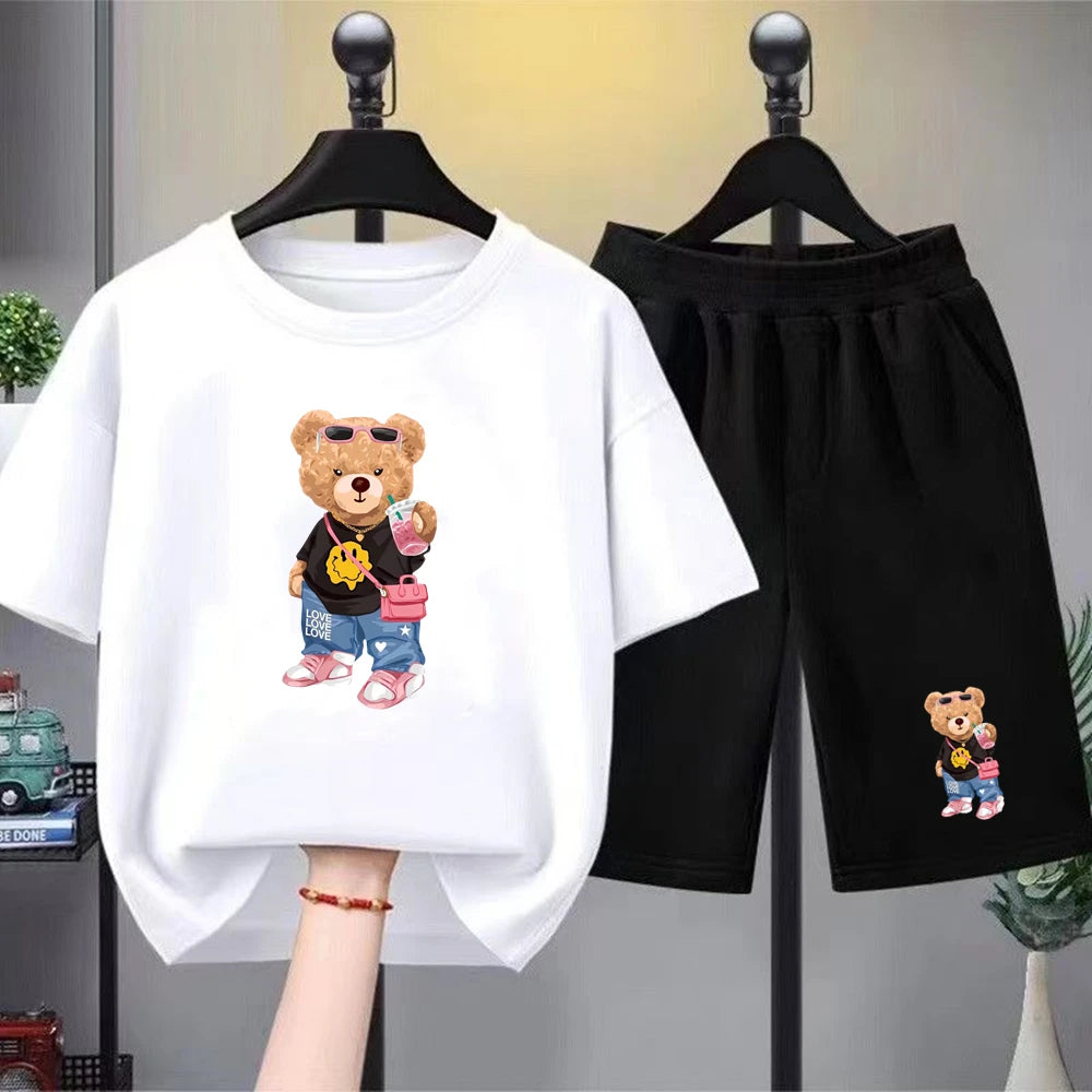 Little bear Print yellow Summer Short Sleeve Children Age 3-12 Girls boy Set white black Tshirt+Shorts 2pcs leisure Kids Set