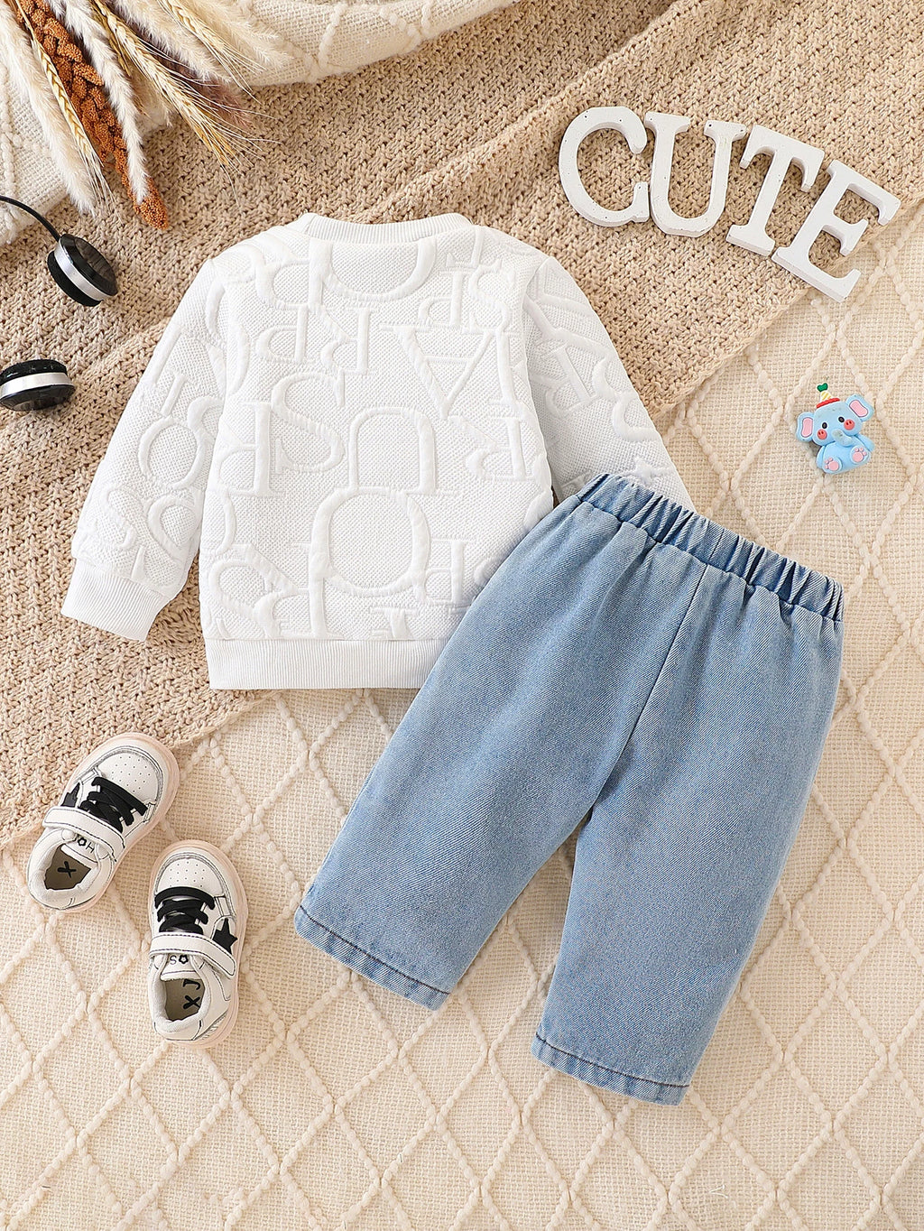 Unisex Baby Elephant Appliqué Quilted Sweatshirt & Distressed Denim Joggers 2-Piece Set