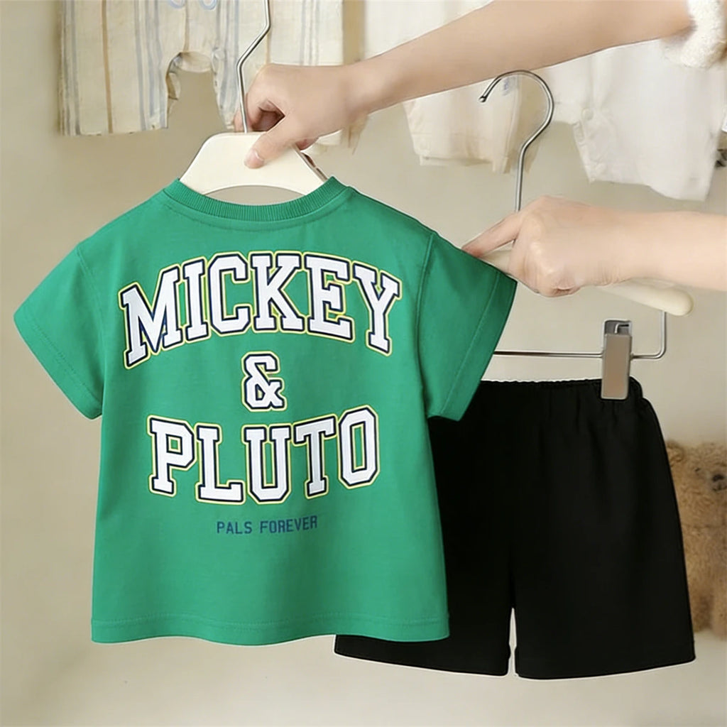 Kidsclick Kids’ Mickey Mouse T-Shirt & Shorts Set – Summer 2-Piece Outfit (Green Tee & Black Shorts)