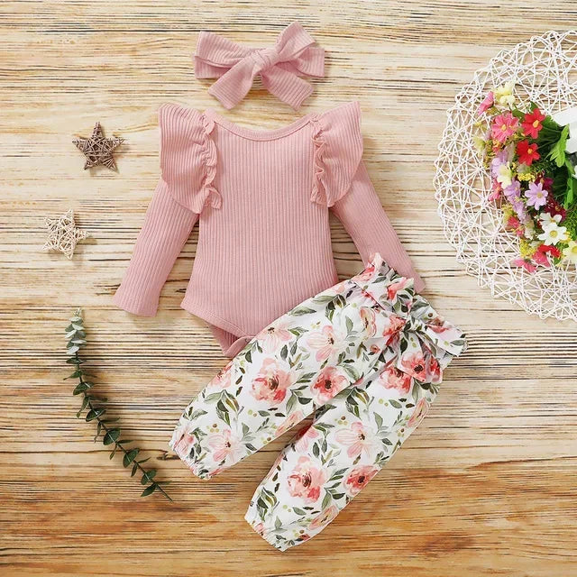 Toddler Newborn Baby Girl Clothes Set Long Sleeve Knitting Top Bodysuit Printed Love Heart Pants Headband Outfit