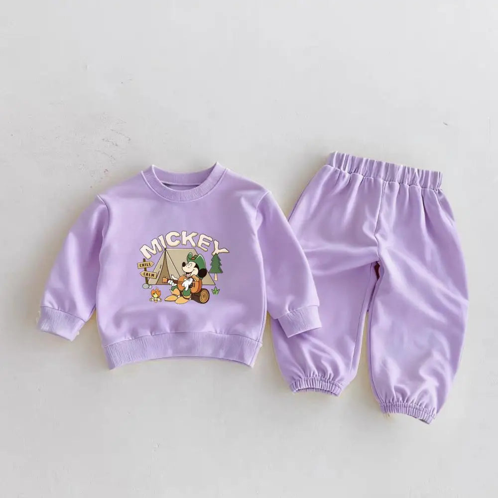 6m-6y Children's Clothes Spring New Mickey Sweatshirts Outfits Cartoon Fashion Solid Color Long Sleeve Tops + Pants 2piece/set