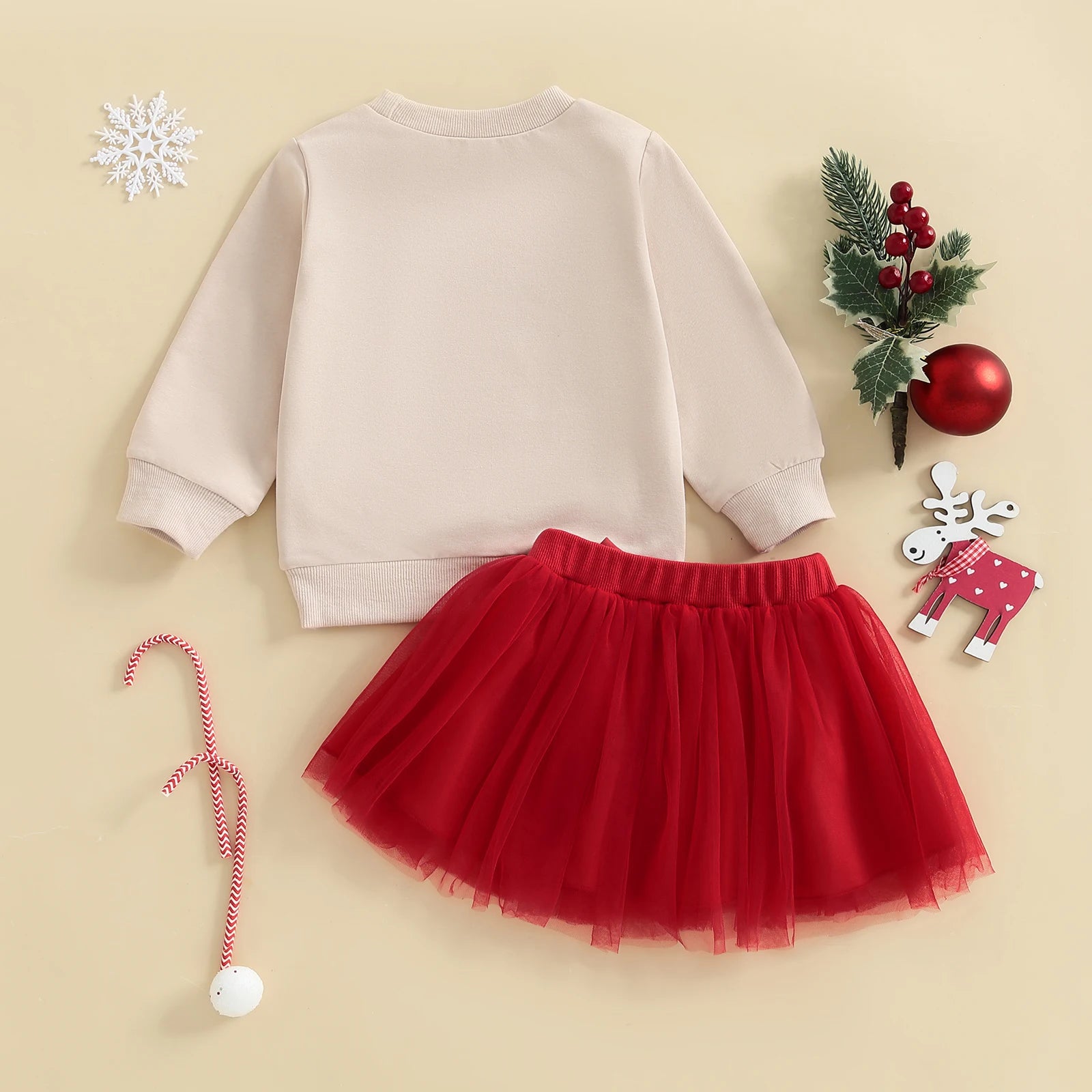 Kidsclick Girls Christmas 2-Piece Outfit – Santa Claus Print Long Sleeve Top & Tulle Skirt Set
