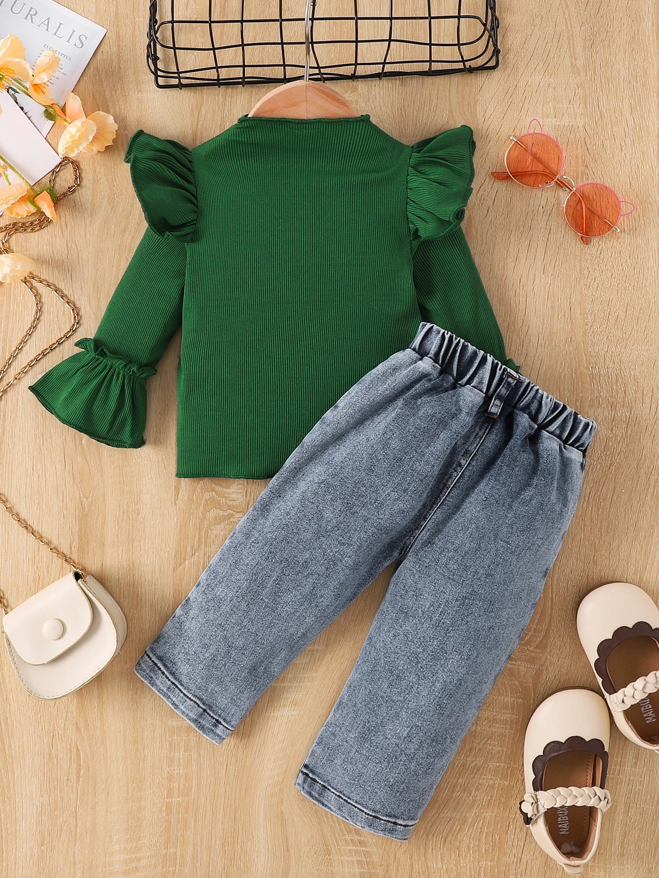 《Girls' Fashion Outfit | Dark Green Ruffled Knit Top + Distressed Jeans, Creating a Retro Trendy Look for Little Cuties》