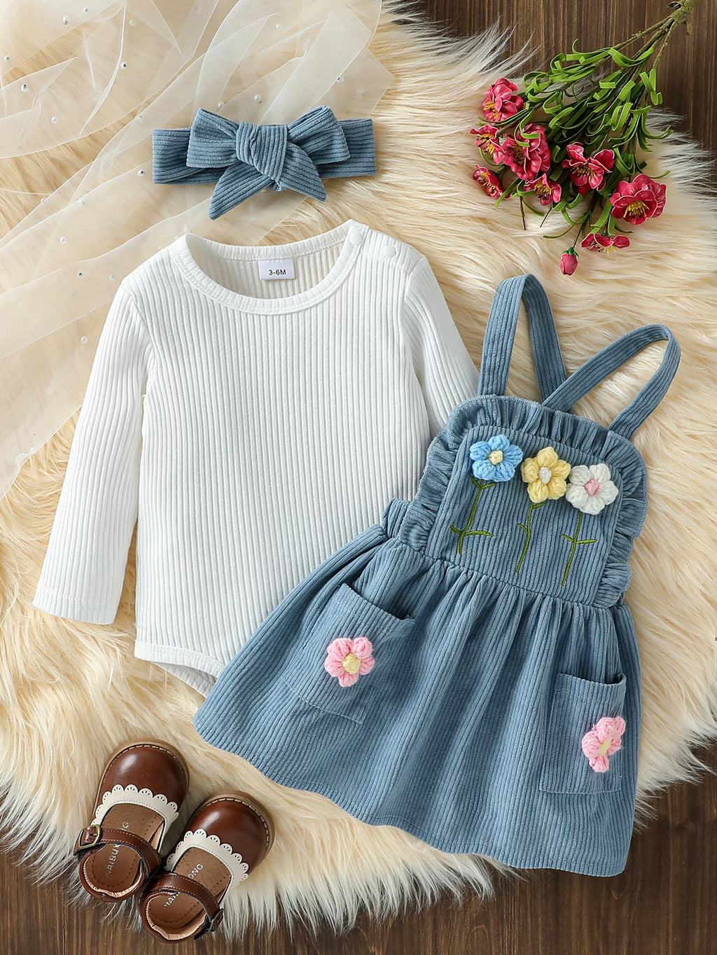 Baby Girls Autumn Outfit Long Sleeves Rompers and Crochet Flowers Suspender Skirt 3 Piece Cute Casual Clothes Set +Headband