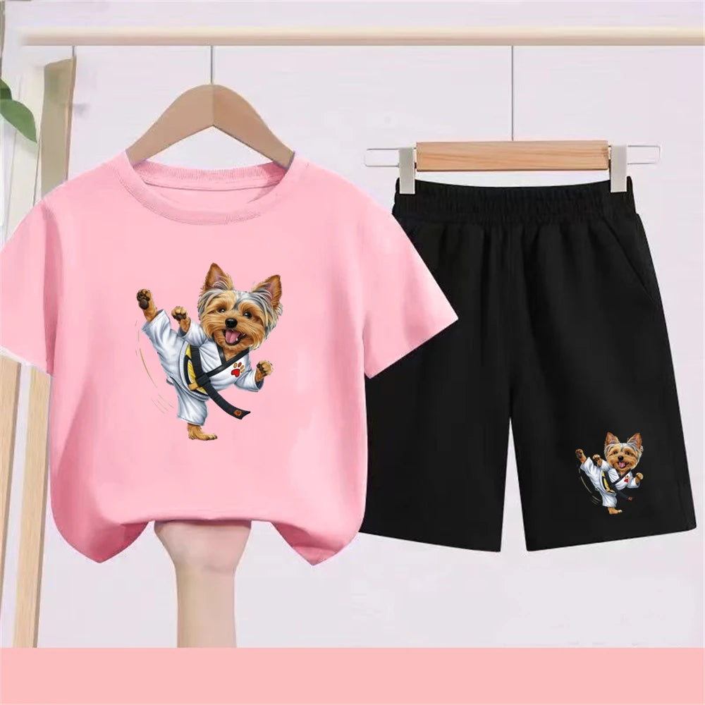 Kidsclick Kids’ Yorkie Dog Cartoon T-Shirt & Shorts Set – Summer 2-Piece Casual Outfit (Boys & Girls)