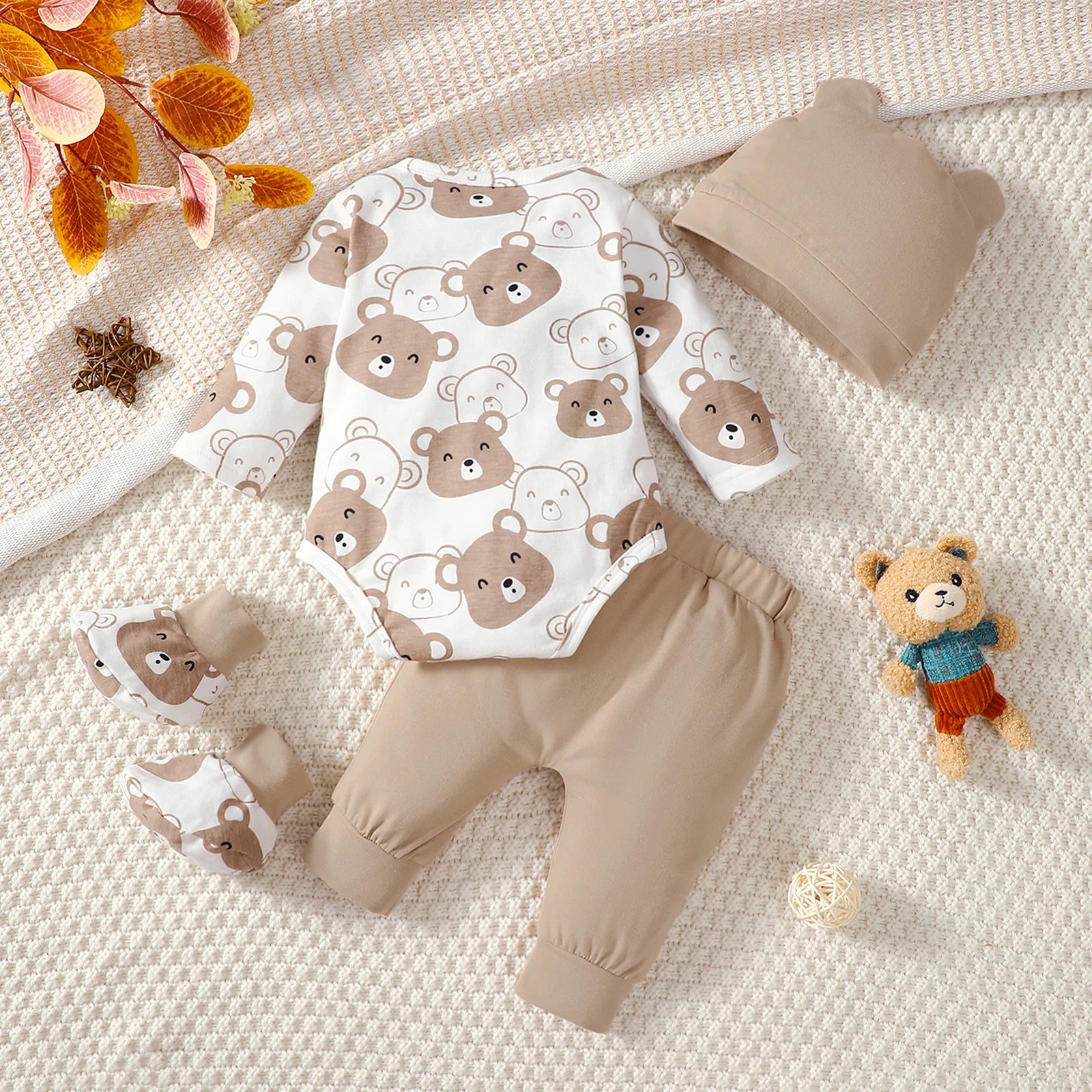 0-9 Months Baby Boy Set Little Bear Long Sleeve Bodysuit+Pants+Hat+Socks 4pcs/Set Baby Spring Autumn clothing Newborn