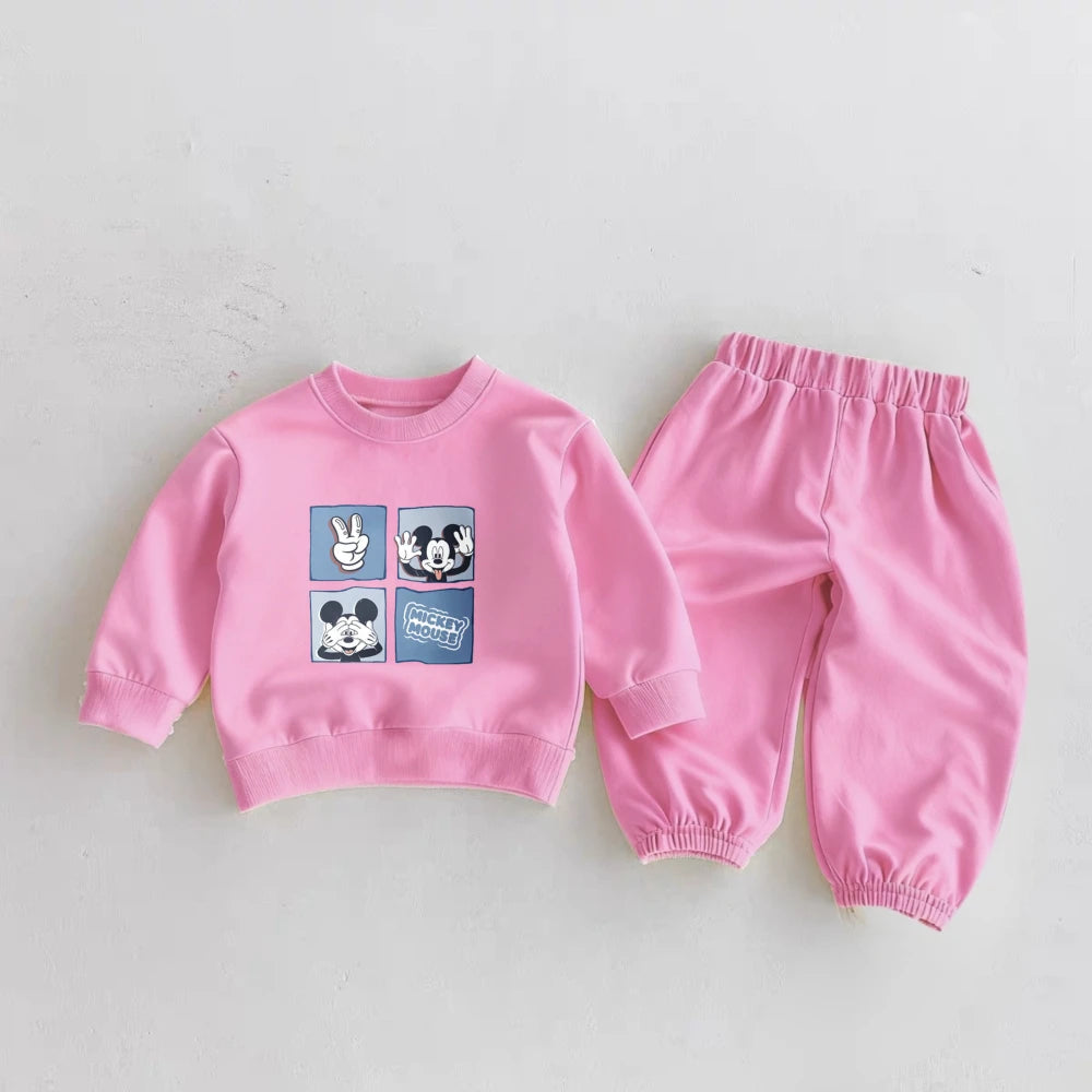6m-6y Children's Clothes Spring New Mickey Sweatshirts Outfits Cartoon Fashion Solid Color Long Sleeve Tops + Pants 2piece/set