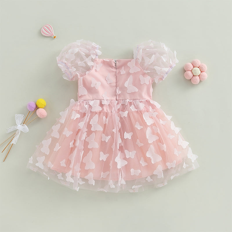 Kidsclick Baby Girl Princess A-Line Dress – Puff Sleeve Tulle Layered Dress with 3D Flower & Butterfly for Party & Birthday