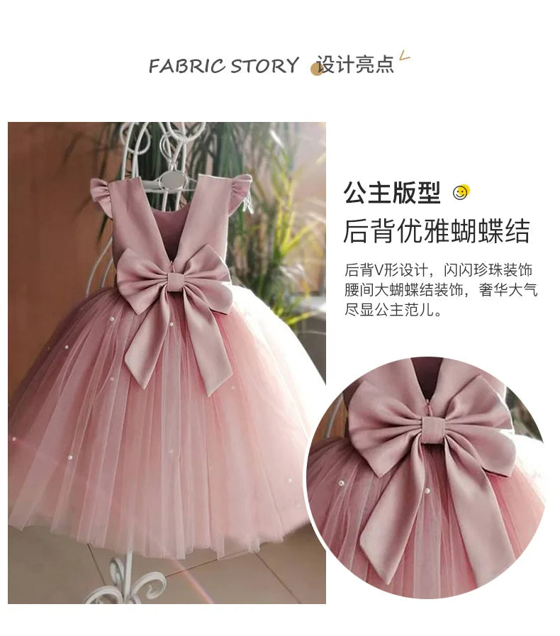 Flower Girl Dresses Birthday Tulle Dress Backless Bow Wedding Gown Kids Party Wear Princess Pink Baby Bowknot Toddler